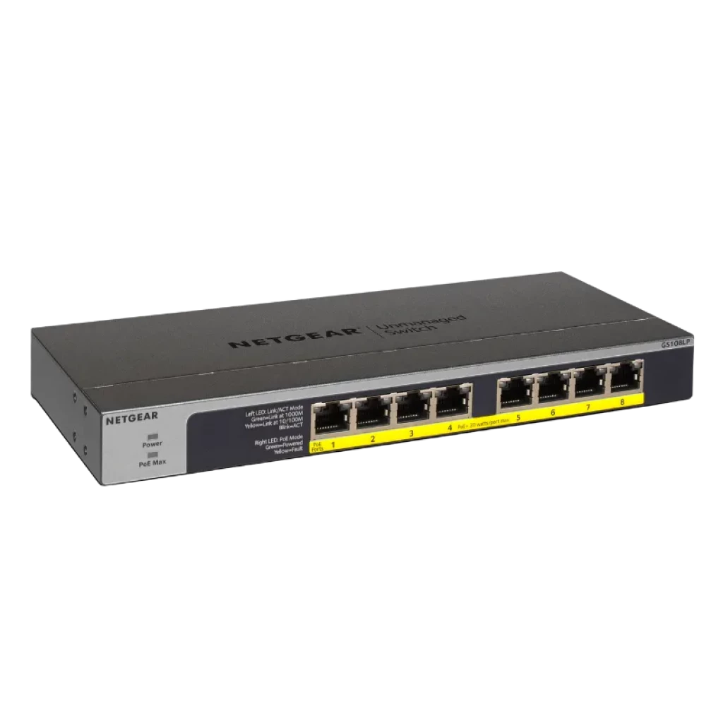 Commutateur non géré NETGEAR GS108LP avec 8 ports Gigabit en façade, boîtier métallique gris et noir, voyants LED par port et design compact - Ítem3