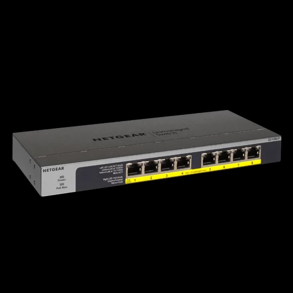 Switch NETGEAR GS108LP metálico preto com 8 portas Gigabit frontais, indicadores LED e linha PoE amarela, design compacto para montagem em secretária