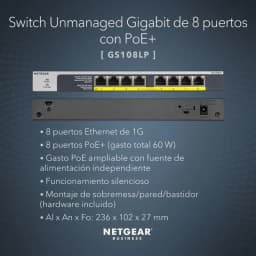 NETGEAR GS108LP com 8 portas Gigabit, PoE+ total de 60 W expansível, caixa metálica compacta, montagem em mesa ou parede, funcionamento silencioso