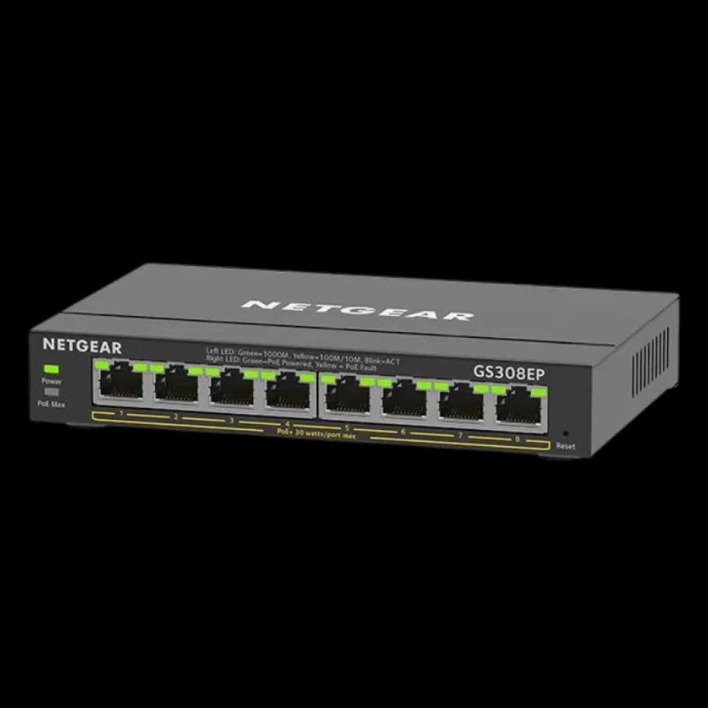 Vista frontal do Switch NETGEAR GS308EP com 8 portas Gigabit PoE+ e indicadores LED de estado