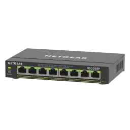 Vista frontal do Switch NETGEAR GS308EP com 8 portas Gigabit PoE+ e indicadores LED de estado