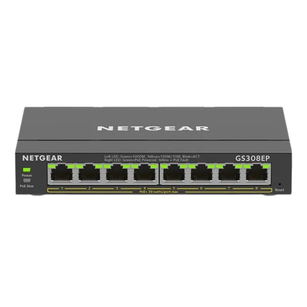 Vista frontal Switch NETGEAR GS308EP con 8 puertos Gigabit PoE+ e indicadores LED de estado - Ítem1