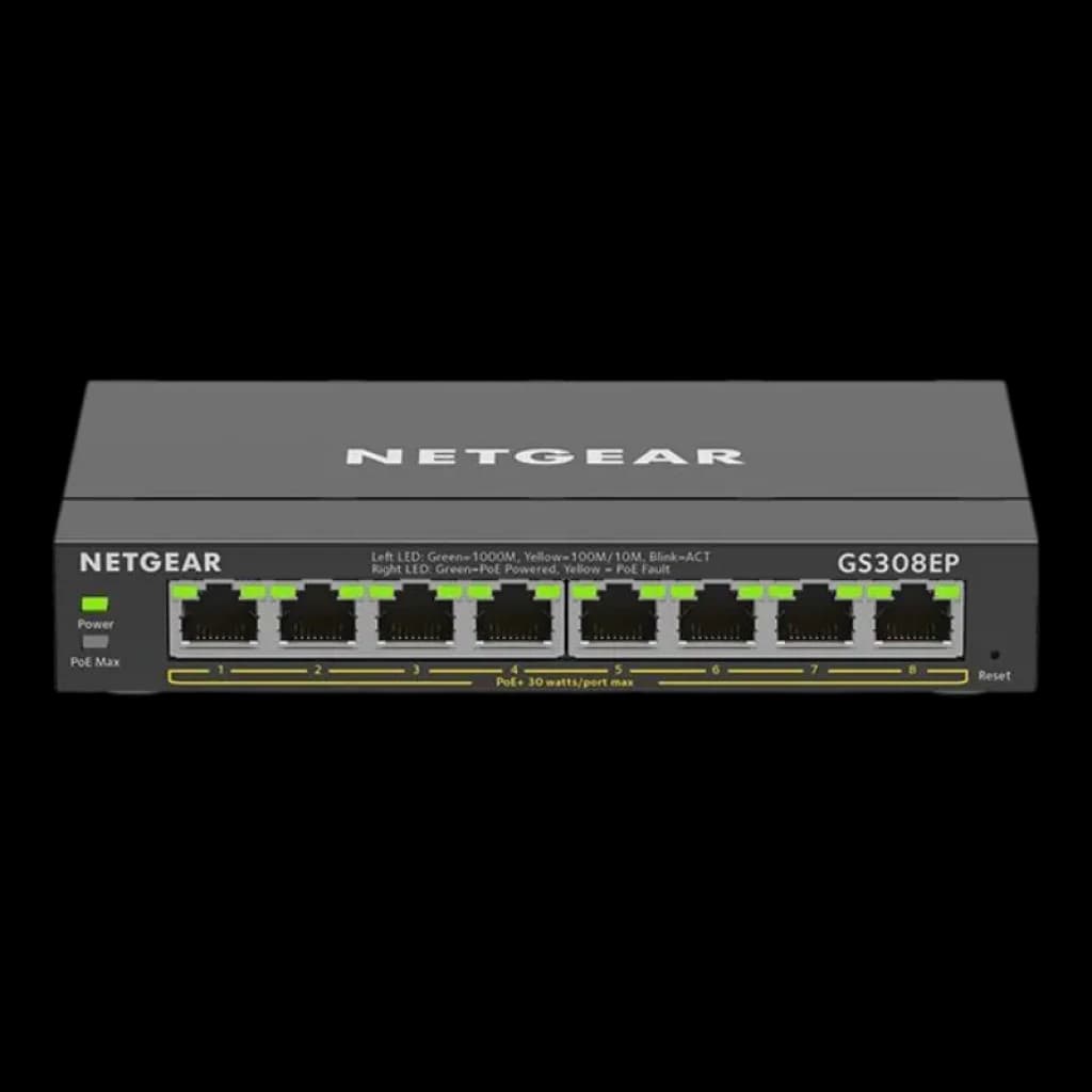 Switch NETGEAR GS308EP gerido com 8 portas Gigabit frontais, indicadores LED por porta, chassis metálico compacto e suporte PoE em portas selecionadas
