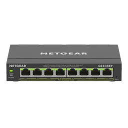 Switch NETGEAR GS308EP gerido com 8 portas Gigabit frontais, indicadores LED por porta, chassis metálico compacto e suporte PoE em portas selecionadas