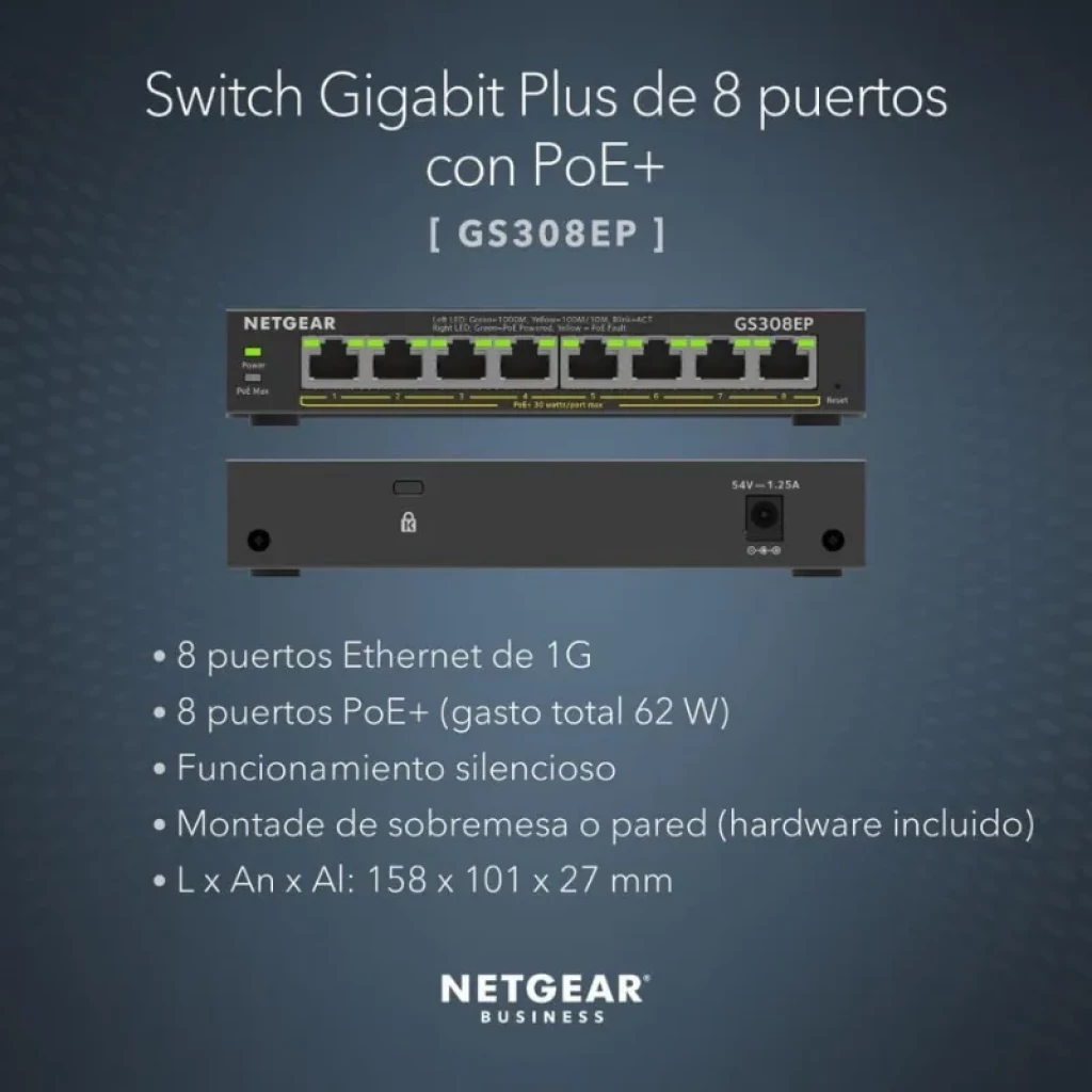 Vista frontal Switch NETGEAR GS308EP con 8 puertos Gigabit PoE+ e indicadores LED de estado - Ítem3