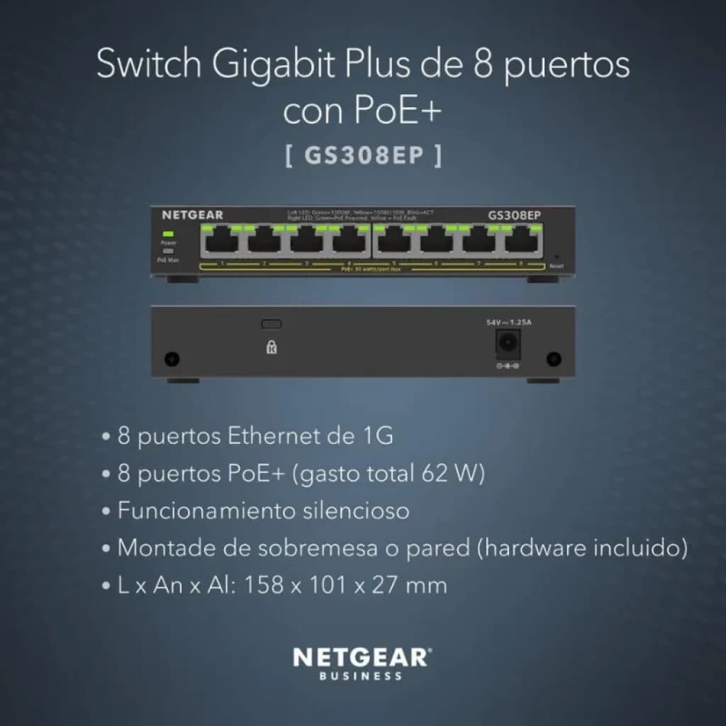 NETGEAR GS308EP: switch gerenciado compacto com 8 portas Gigabit, PoE+ marcado em 4 portas, LEDs de estado frontais e chassi metálico para mesa ou parede