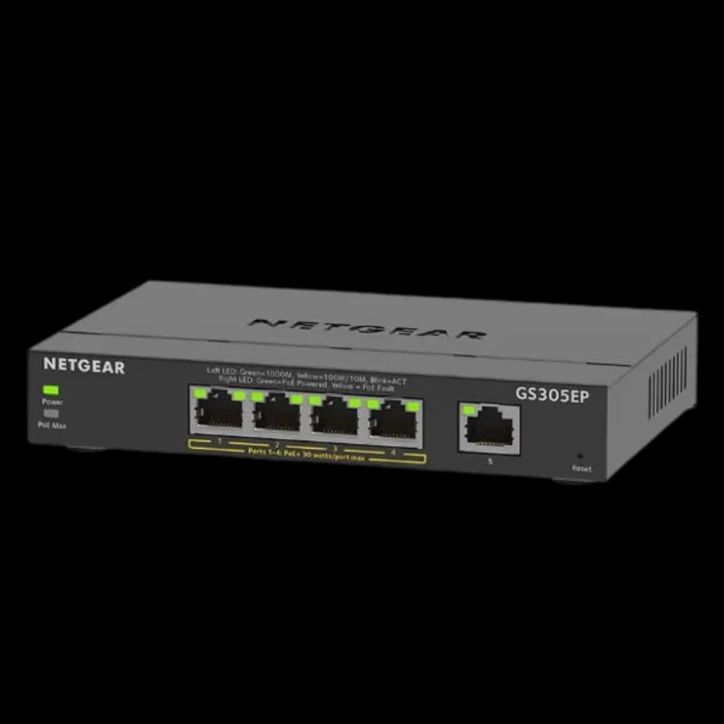 Switch NETGEAR GS305EP frontal com 5 portas Gigabit e LEDs de estado