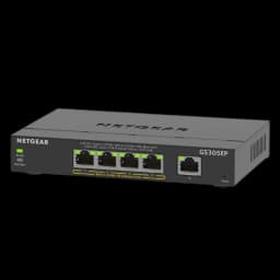 Switch NETGEAR GS305EP frontal com 5 portas Gigabit e LEDs de estado