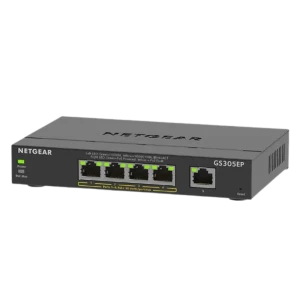 Switch NETGEAR GS305EP frontal con 5 puertos Gigabit y LEDs de estado