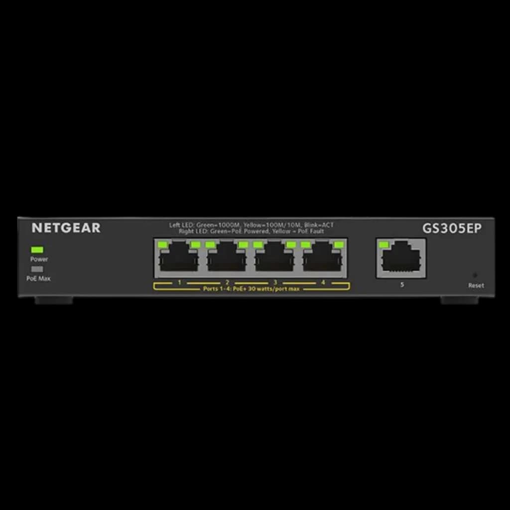 Switch NETGEAR GS305EP gerido com 5 portas Gigabit Ethernet frontais, LEDs de estado, porta PoE, caixa metálica compacta e botão de reinicialização