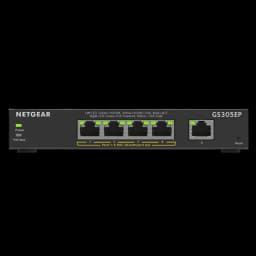 Switch NETGEAR GS305EP gerido com 5 portas Gigabit Ethernet frontais, LEDs de estado, porta PoE, caixa metálica compacta e botão de reinicialização