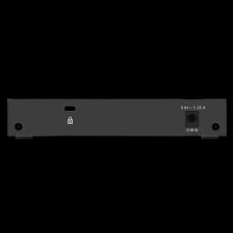 Vista traseira NETGEAR GS305EP, entrada de alimentação e chassis metálico