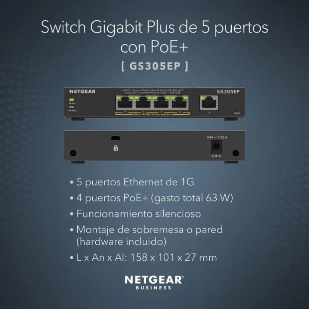 NETGEAR GS305EP com 5 portas Gigabit, 4 PoE+ até 63 W, funcionamento silencioso, montagem em mesa ou parede, design compacto preto profissional