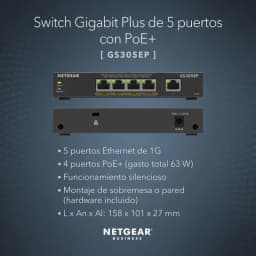 NETGEAR GS305EP com 5 portas Gigabit, 4 PoE+ até 63 W, funcionamento silencioso, montagem em mesa ou parede, design compacto preto profissional