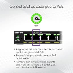 NETGEAR GS305EP com 5 portas Gigabit Ethernet e PoE, LEDs de estado por porta, botão PoE Max, chassis preto compacto e numeração frontal visível