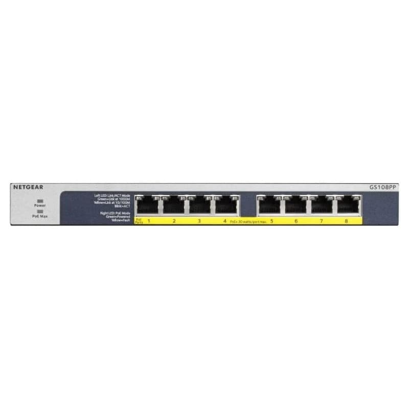 NETGEAR GS108PP Switch no Gestionado 8 Puertos Gigabit Ethernet con 8 puertos RJ45 frontales, indicadores LED de estado y carcasa metálica compacta en gris