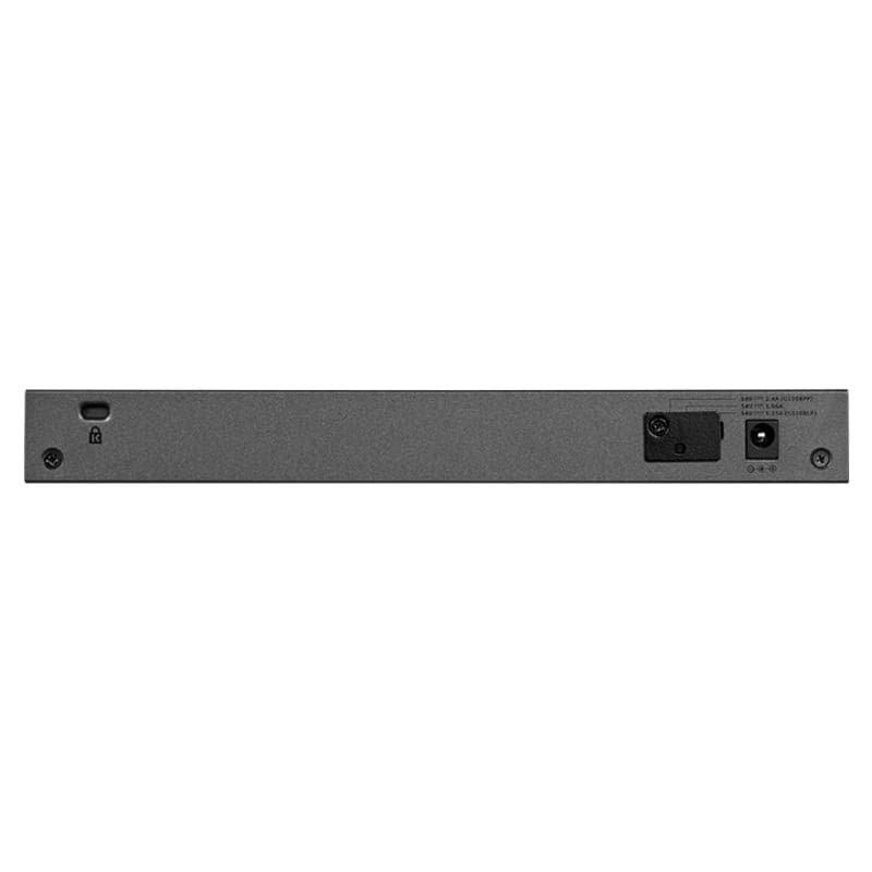 Panel trasero en metal del NETGEAR GS108PP con ranura de seguridad, botón reset, ventilación, puerto consola, interruptor y entrada de alimentación