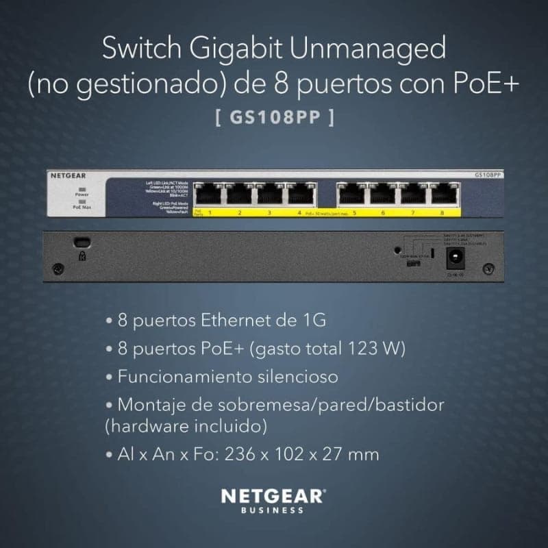 NETGEAR GS108PP Switch no Gestionado 8 Puertos Gigabit Ethernet con 8 puertos PoE+, carcasa metálica, LED de estado, montaje en pared/escritorio, color negro