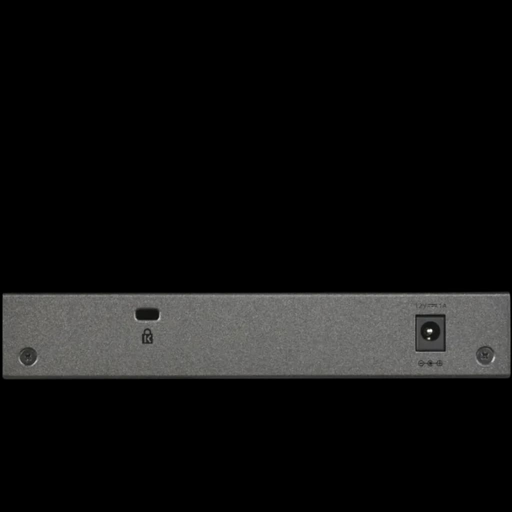 Parte traseira do NETGEAR GS108Tv3: corpo metálico cinza, porta de energia à direita, slot Kensington e botão reset ao centro, design compacto e robusto