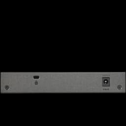 Parte traseira do NETGEAR GS108Tv3: corpo metálico cinza, porta de energia à direita, slot Kensington e botão reset ao centro, design compacto e robusto