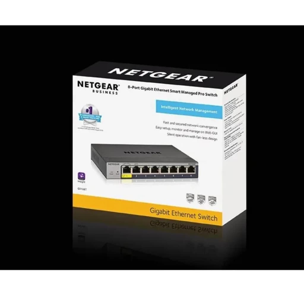 Caixa do NETGEAR GS108Tv3 exibindo switch gerenciado L2 com 8 portas Gigabit, design metálico cinza, LEDs de status frontais e destaque para gerenciamento