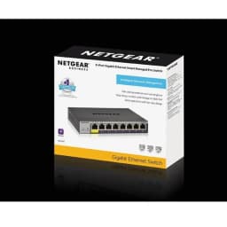 Caixa do NETGEAR GS108Tv3 exibindo switch gerenciado L2 com 8 portas Gigabit, design metálico cinza, LEDs de status frontais e destaque para gerenciamento
