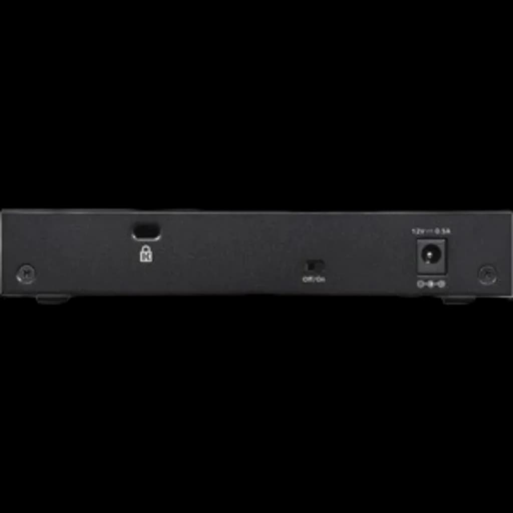 Parte traseira do NETGEAR GS308-300PES com porta Kensington, interruptor on/off e entrada de alimentação 12V 0.5A em acabamento preto compacto