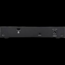 Parte traseira do NETGEAR GS308-300PES com porta Kensington, interruptor on/off e entrada de alimentação 12V 0.5A em acabamento preto compacto