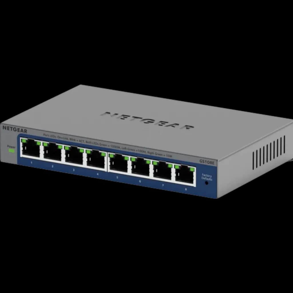 NETGEAR GS108Ev4 switch gigabit metálico com 8 portas RJ45 frontais, LEDs verdes de status por porta, ventilação lateral e design compacto profissional