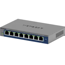 NETGEAR GS108Ev4 switch gigabit metálico com 8 portas RJ45 frontais, LEDs verdes de status por porta, ventilação lateral e design compacto profissional