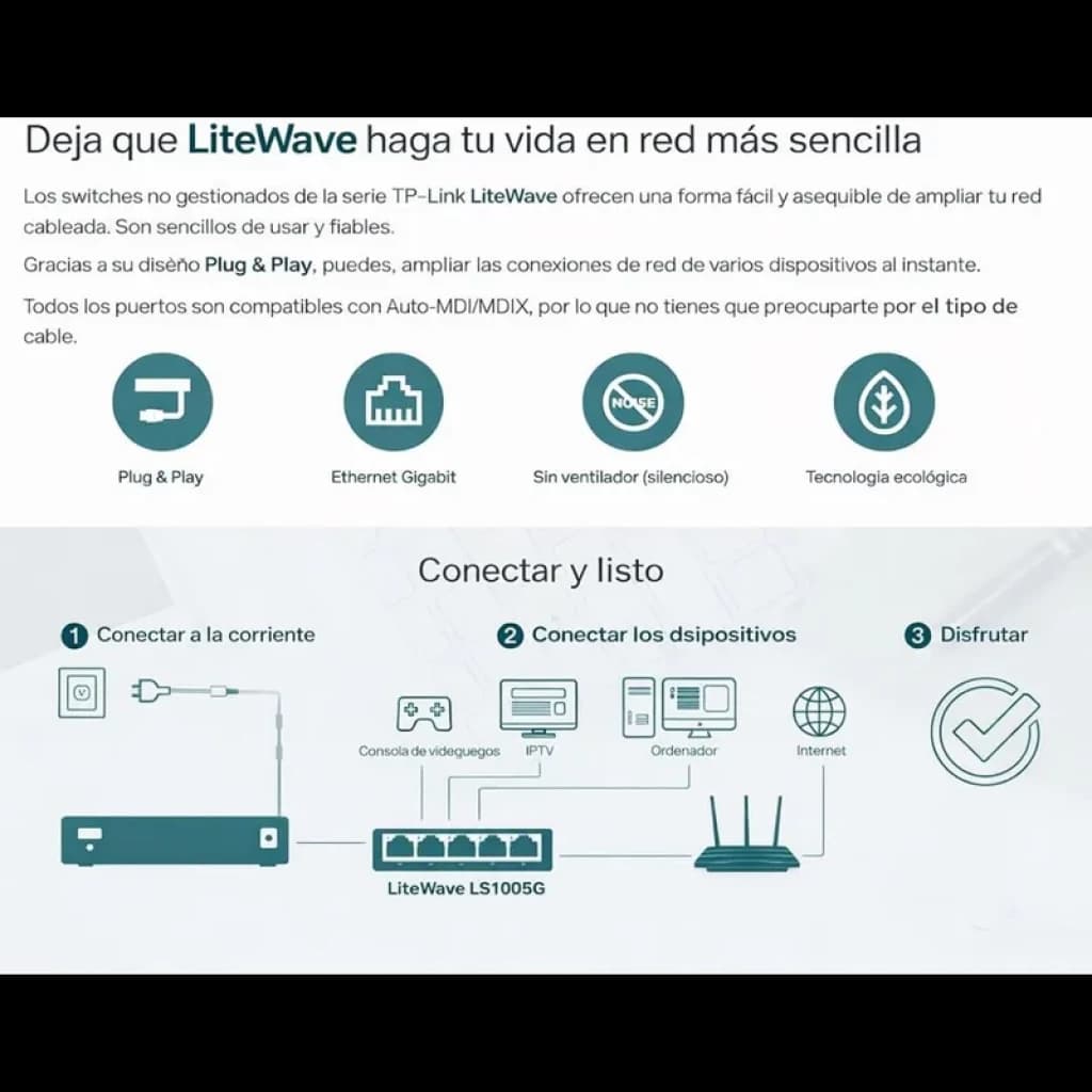 TP-Link LS1005G - Switch Gigabit de 5 portas, corpo preto fosco, design compacto, LEDs superiores discretos e cinco portas RJ45 alinhadas na frente