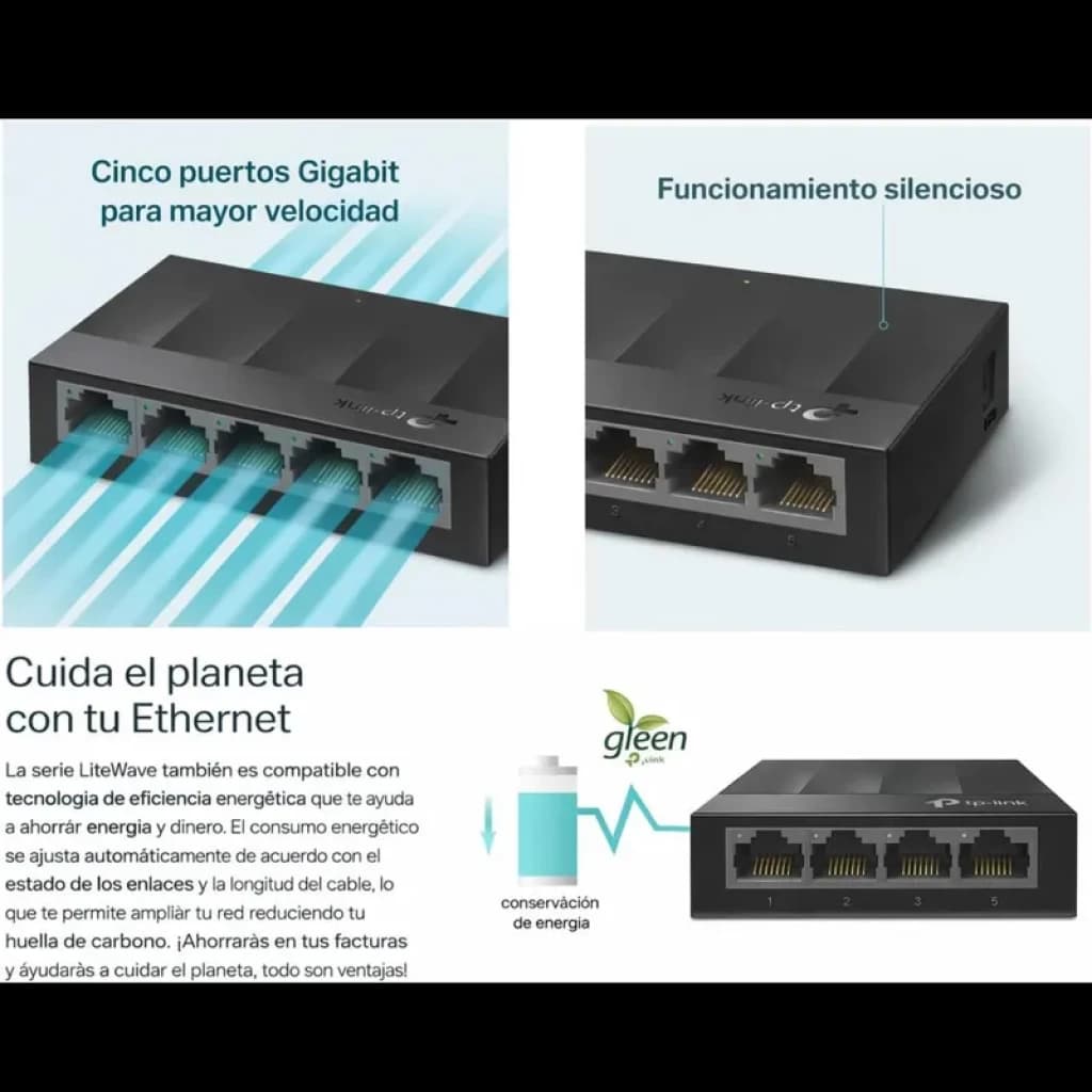 TP-Link LS1005G Switch Gigabit 5 portas, design compacto preto, LEDs frontais, portas RJ45 traseiras, ícones de Plug & Play, sem ventoinha e eco-friendly