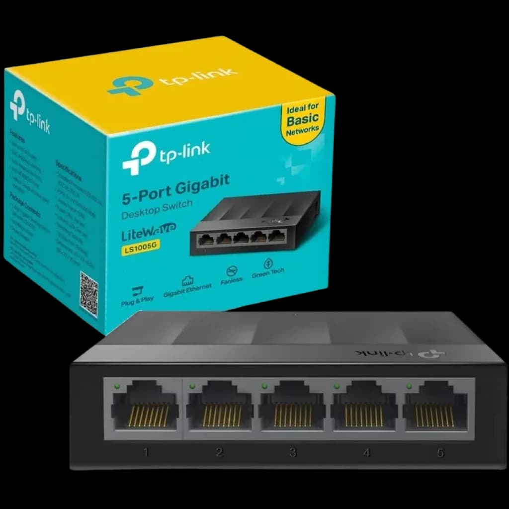 TP-Link LS1005G Switch Gigabit de 5 portas, corpo preto compacto, cinco portas RJ45 frontais, LEDs de status no topo, embalagem azul-amarela incluída
