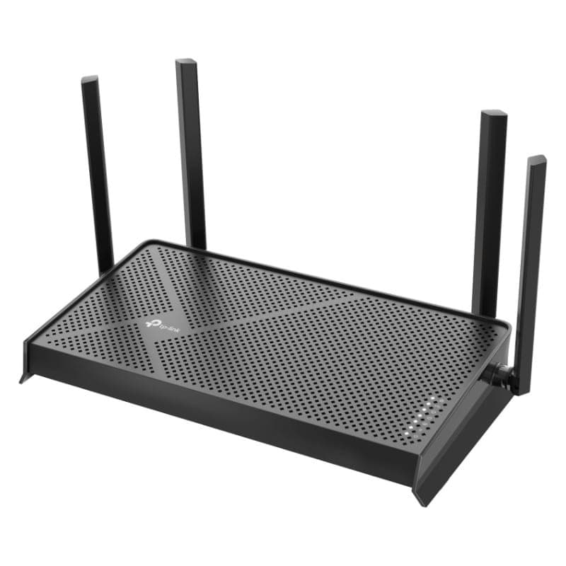 TP-Link Archer BE3600 Wi-Fi 7 Router doble banda en negro con cuatro antenas externas ajustables, diseño perforado para ventilación y base estable rectangular