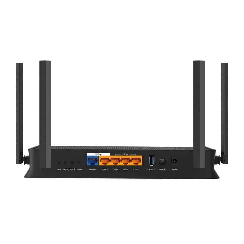 TP-Link Archer BE3600 Wi‑Fi 7, router doble banda con 4 antenas, puertos LAN/Internet en color, USB 3.0, botón WPS y diseño negro minimalista