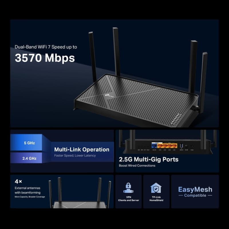 TP-Link Archer BE3600 Wi‑Fi 7, router doble banda con 4 antenas externas, rejilla superior perforada, puertos 2.5G multigig y leds frontales discretos