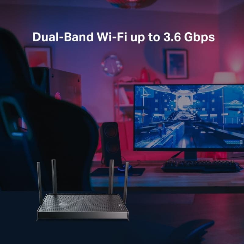 TP-Link Archer BE3600 Wi-Fi 7 Router doble banda negro con cuatro antenas externas, diseño rectangular perforado y luces LED frontales; velocidad hasta 3.6