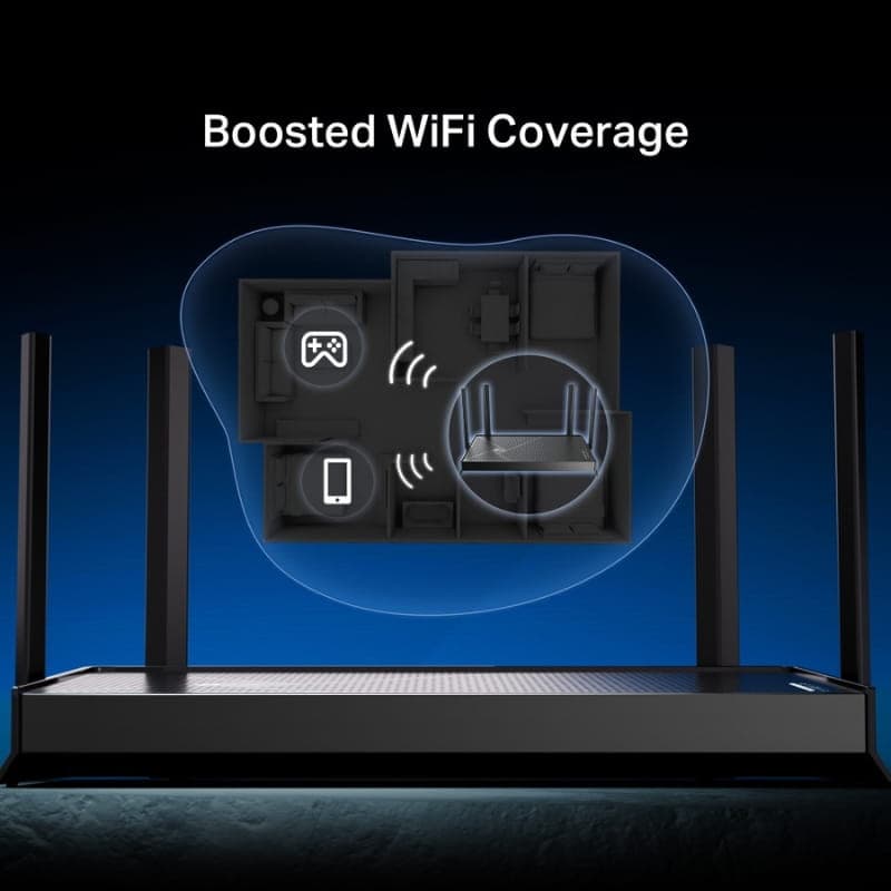 TP-Link Archer BE3600 Wi-Fi 7 Router doble banda negro con 4 antenas externas, diseño rectangular minimalista y señal amplificada para cobertura amplia