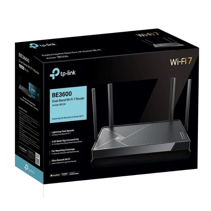 TP-Link Archer BE3600 Wi‑Fi 7, router negro doble banda con 4 antenas externas, diseño perforado, caja destacando 3600 Mbps, MU‑MIMO y baja latencia