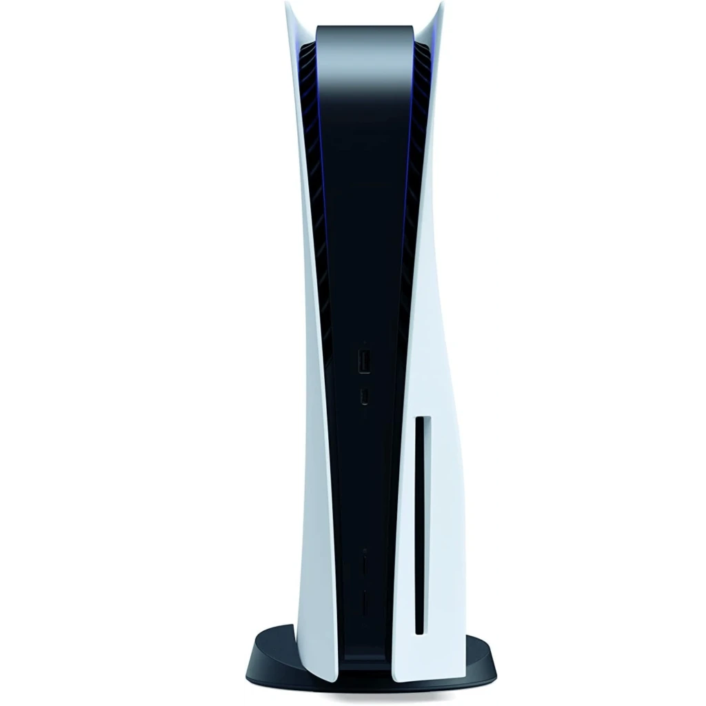 Console PS5 branco renovado, design vertical com painéis curvos, luz LED azul, portas USB frontais e acabamento preto fosco, 825GB armazenamento - Item1