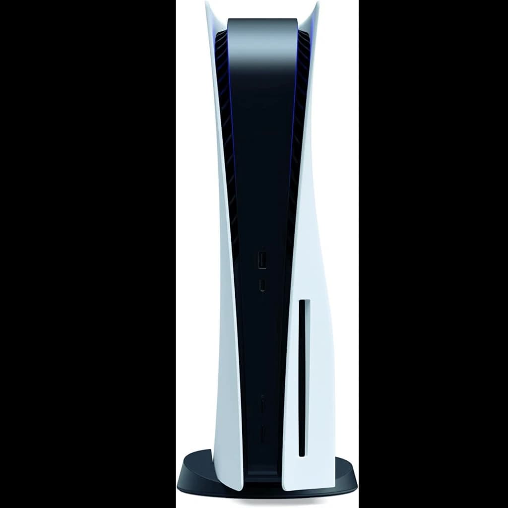 Console Playstation 5 padrão branco com base vertical, painéis laterais curvos, slot de disco visível e portas frontais USB; acabamento renovado impecável
