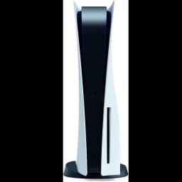 Console Playstation 5 padrão branco com base vertical, painéis laterais curvos, slot de disco visível e portas frontais USB; acabamento renovado impecável