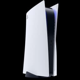 Console PS5 branco renovado, design vertical com painéis curvos, luz LED azul, portas USB frontais e acabamento preto fosco, 825GB armazenamento