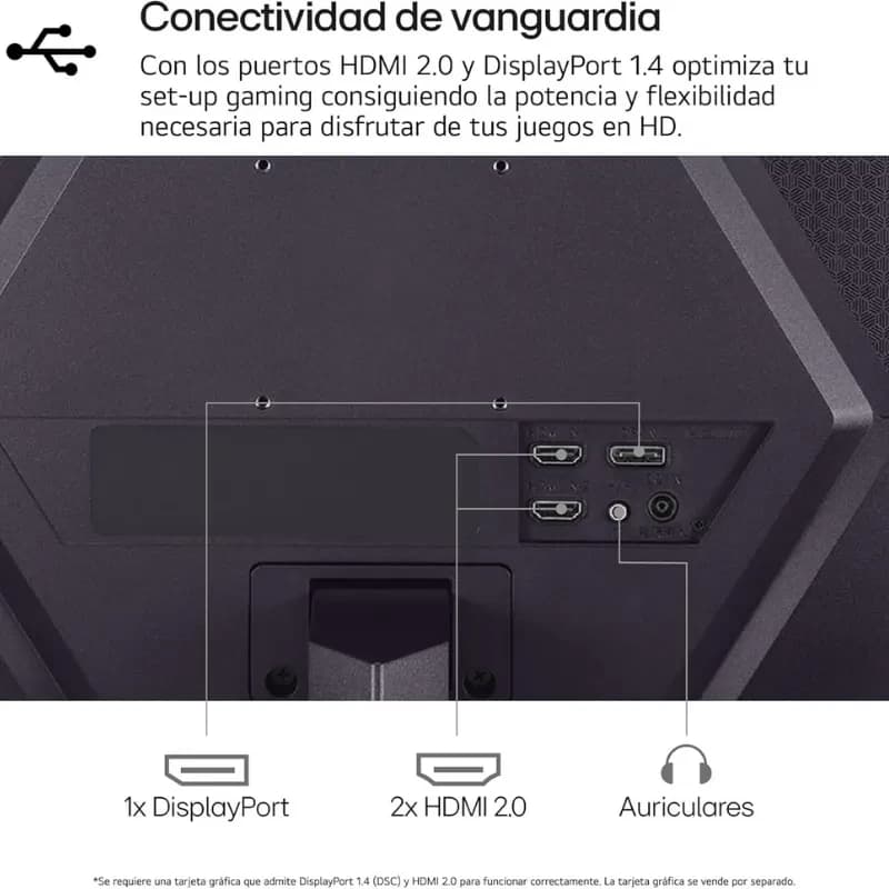 Parte trasera de monitor LG 24GS50F-B: puertos 1x DisplayPort 1.4, 2x HDMI 2.0 y salida de auriculares; diseño angular en color negro para setup gaming.