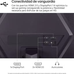 Parte trasera de monitor LG 24GS50F-B: puertos 1x DisplayPort 1.4, 2x HDMI 2.0 y salida de auriculares; diseño angular en color negro para setup gaming.