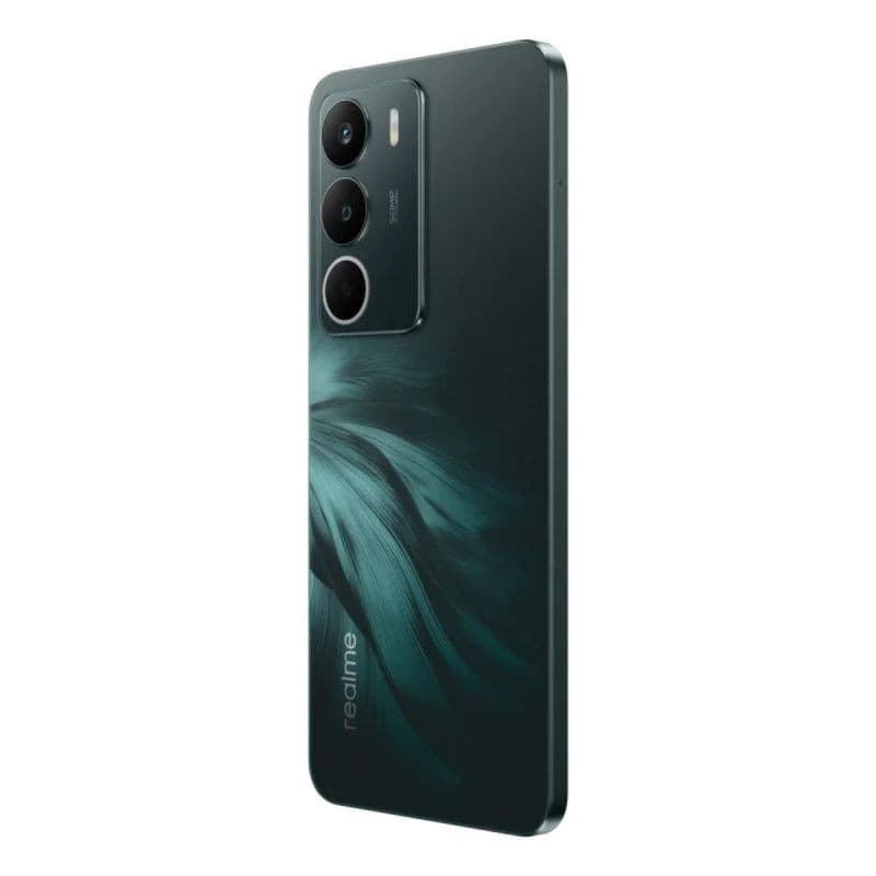 Realme C71 4GB/256GB Verde com traseira fosca verde escura, módulo de câmera tripla saliente e acabamento com padrão suave geométrico