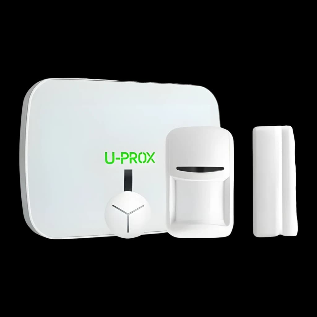 Kit alarme U-Prox MP S avec centrale blanche, détecteur de mouvement, contact magnétique et badge; design minimal, sans fil, LED verte U-PROX visible