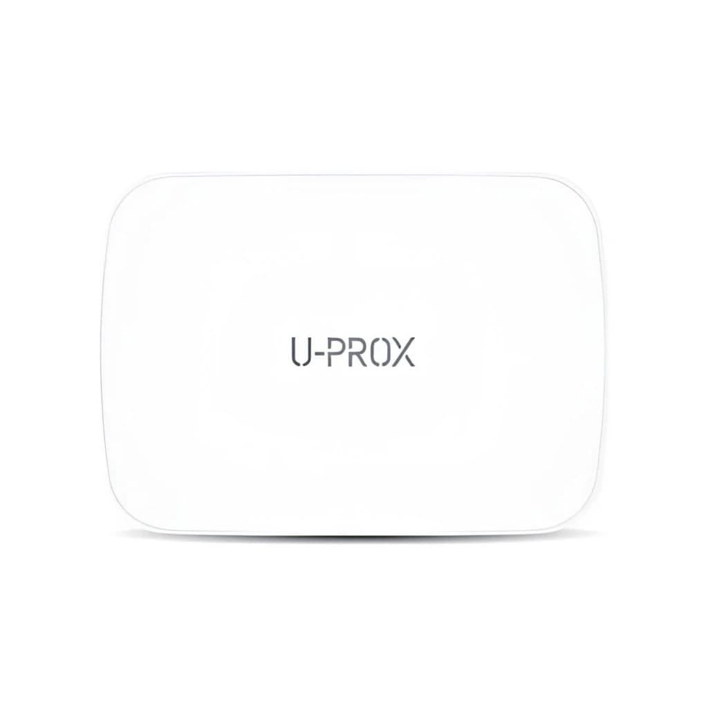 Boîtier blanc minimaliste U-Prox avec logo centré, angles arrondis et finition lisse, composant du kit alarme U-Prox MP S Ethernet + GPRS compatible app
