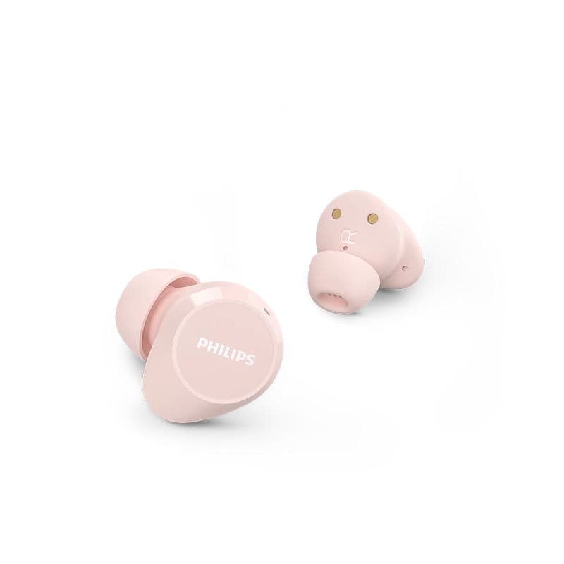 Écouteurs intra-auriculaires rose pastel Philips TAT1209PK/00, compacts et sans fil, embouts en silicone, surface lisse avec logo Philips et contacts dorés
