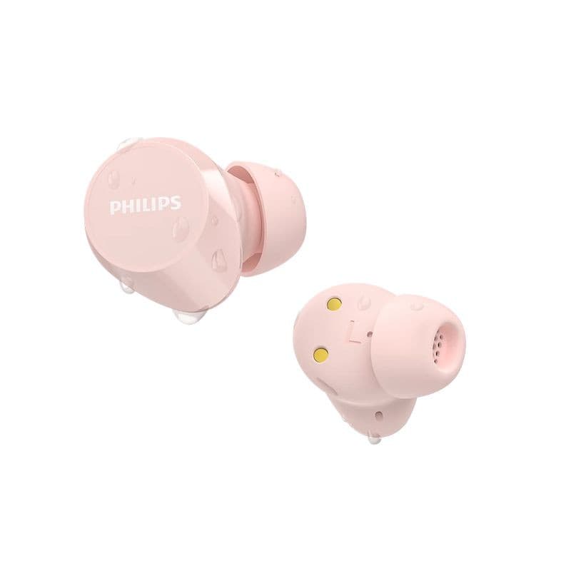 Écouteurs intra-auriculaires roses compacts Philips TAT1209PK/00 avec surface mate, embouts en silicone, contacts de charge dorés et gouttelettes d’eau